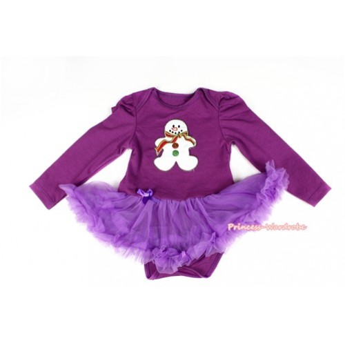 Xmas Dark Purple Long Sleeve Baby Bodysuit Jumpsuit Dark Purple Pettiskirt With Christmas Gingerbread Snowman Print JS2268 