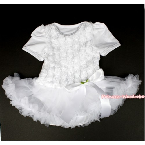 Valentine's Day White Romanatic Rose Baby Bodysuit Jumpsuit White Pettiskirt & White BowJS2286 