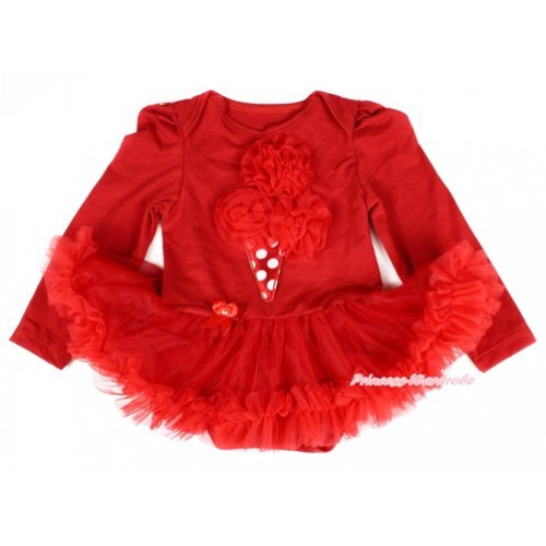 Red Long Sleeve Baby Bodysuit Jumpsuit Red Pettiskirt With Red Rosettes Minnie Dot Ice Cream Print JS2309 