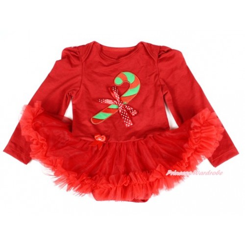 Xmas Red Long Sleeve Baby Bodysuit Jumpsuit Red Pettiskirt With Christmas Stick Print & Minnie Dots Bow Print JS2310 