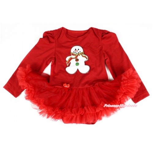 Xmas Red Long Sleeve Baby Bodysuit Jumpsuit Red Pettiskirt With Christmas Gingerbread Snowman Print JS2311 