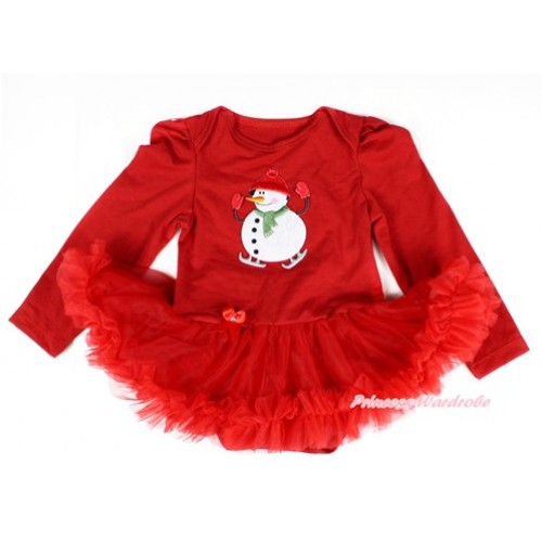 Xmas Red Long Sleeve Baby Bodysuit Jumpsuit Red Pettiskirt With Ice-Skating Snowman Print JS2312 