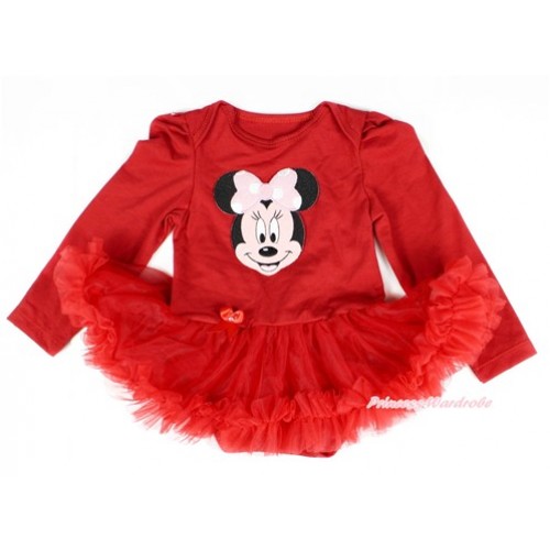 Red Long Sleeve Baby Bodysuit Jumpsuit Red Pettiskirt With Light Pink Minnie Print JS2313 