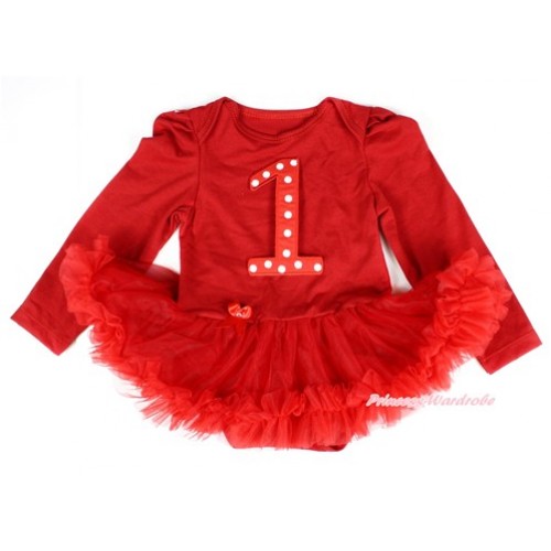 Red Long Sleeve Baby Bodysuit Jumpsuit Red Pettiskirt With 1st Red White Dots Birthday Number Print JS2314 