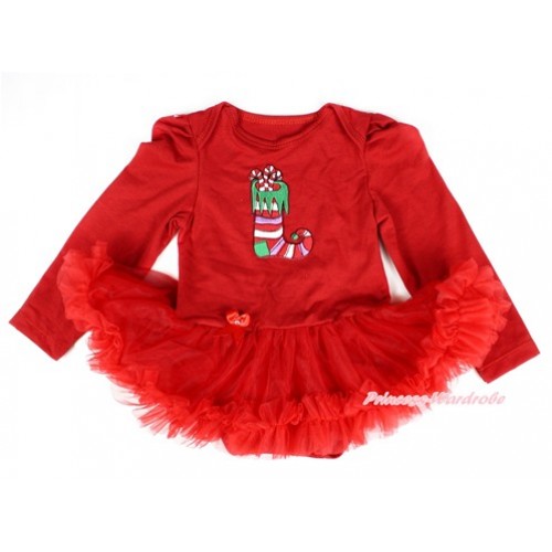 Xmas Red Long Sleeve Baby Bodysuit Jumpsuit Red Pettiskirt With Christmas Stocking Print JS2315 