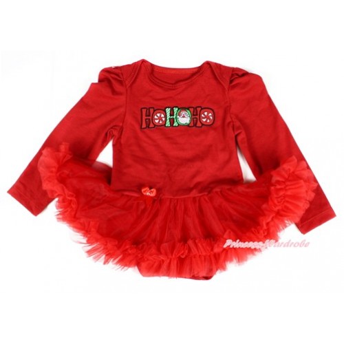 Xmas Red Long Sleeve Baby Bodysuit Jumpsuit Red Pettiskirt With HOHOHO Santa Claus Print JS2316 