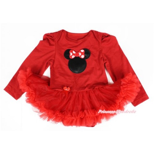 Red Long Sleeve Baby Bodysuit Jumpsuit Red Pettiskirt With Minnie Print JS2317 