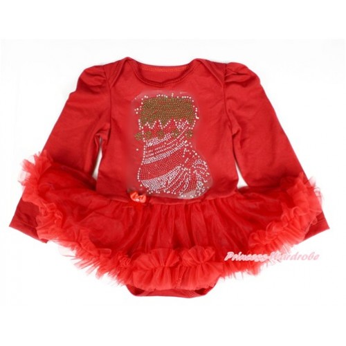 Red Long Sleeve Baby Bodysuit Jumpsuit Red Pettiskirt With Sparkle Crystal Bling Christmas StockingPrint JS2320 