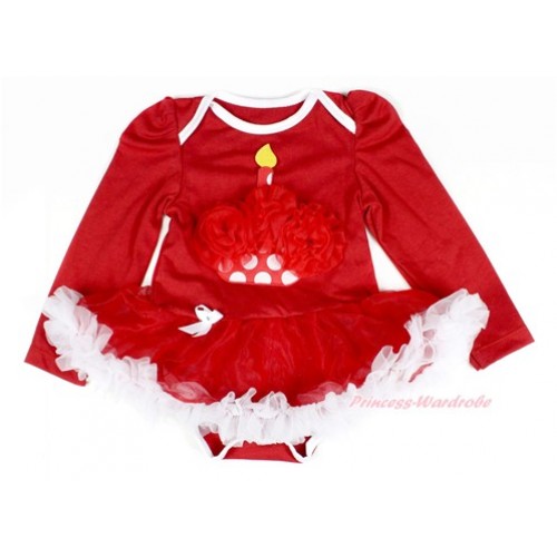 Red Long Sleeve Baby Bodysuit Jumpsuit Red White Pettiskirt With Red Rosettes Minnie Dots Birthday Cake Print JS2322 