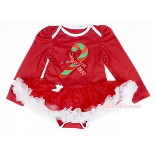 Xmas Red Long Sleeve Baby Bodysuit Jumpsuit Red White Pettiskirt With Christmas Stick Print & Minnie Dots Bow Print JS2323 