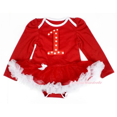 Red Long Sleeve Baby Bodysuit Jumpsuit Red White Pettiskirt With 1st Red White Dots Birthday Number Print JS2324 