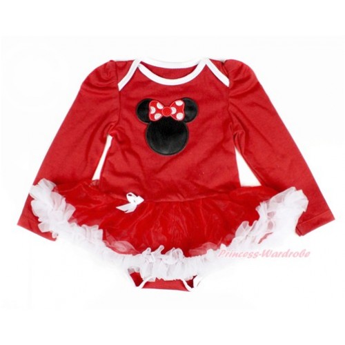 Red Long Sleeve Baby Bodysuit Jumpsuit Red White Pettiskirt With Minnie Print JS2325 