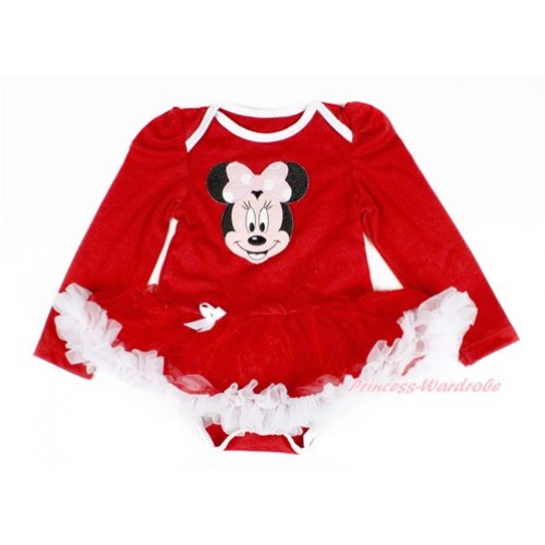 Red Long Sleeve Baby Bodysuit Jumpsuit Red White Pettiskirt With Light Pink Minnie Print JS2326 