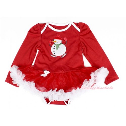 Xmas Red Long Sleeve Baby Bodysuit Jumpsuit Red White Pettiskirt With Ice-Skating Snowman Print JS2328 