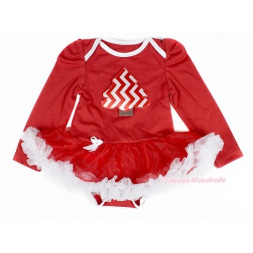 Xmas Red Long Sleeve Baby Bodysuit Jumpsuit Red White Pettiskirt With Red White Wave Christmas Tree Print JS2329 