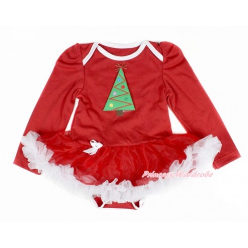 Xmas Red Long Sleeve Baby Bodysuit Jumpsuit Red White Pettiskirt With Christmas Tree Print JS2332 