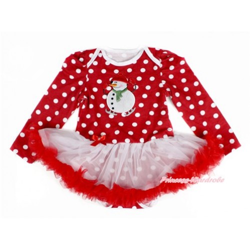 Xmas Minnie Dots Long Sleeve Baby Bodysuit Jumpsuit White Red Pettiskirt With Ice-Skating Gingerbread Snowman Print JS2335 