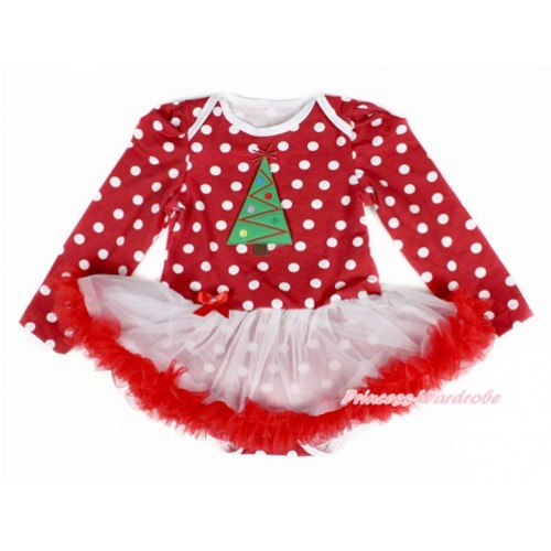 Xmas Minnie Dots Long Sleeve Baby Bodysuit Jumpsuit White Red Pettiskirt With Christmas Tree Print JS2339 