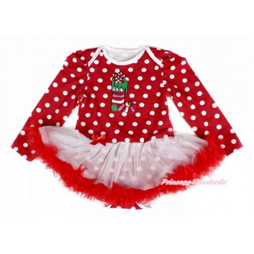 Xmas Minnie Dots Long Sleeve Baby Bodysuit Jumpsuit White Red Pettiskirt With Christmas Stocking Print JS2340 