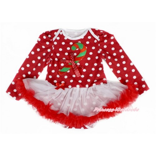 Xmas Minnie Dots Long Sleeve Baby Bodysuit Jumpsuit White Red Pettiskirt With Christmas Stick Print & Minnie Dots Bow Print JS2341 