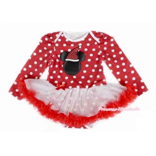 Xmas Minnie Dots Long Sleeve Baby Bodysuit Jumpsuit White Red Pettiskirt With Christmas Minnie Print JS2343 