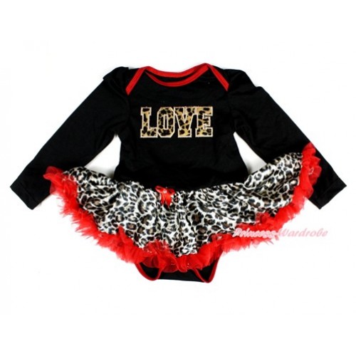 Black Long Sleeve Baby Bodysuit Jumpsuit Leopard Red Pettiskirt With Leopard LOVE Print JS2347 