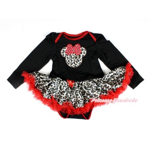 Black Long Sleeve Baby Bodysuit Jumpsuit Leopard Red Pettiskirt With Leopard Minnie Print JS2348 