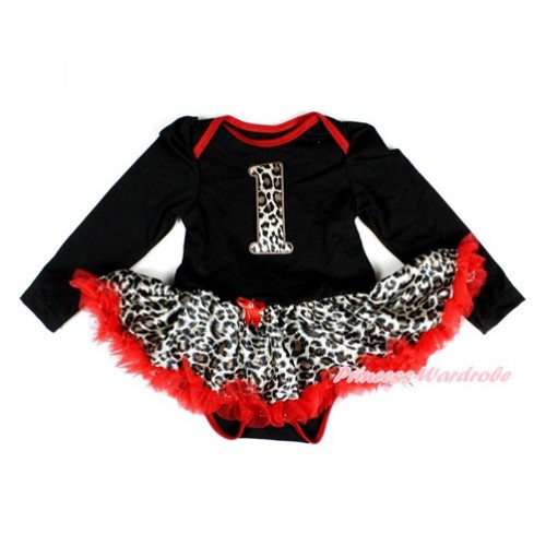 Black Long Sleeve Baby Bodysuit Jumpsuit Leopard Red Pettiskirt With 1st Leopard Birthday Number Print JS2349 