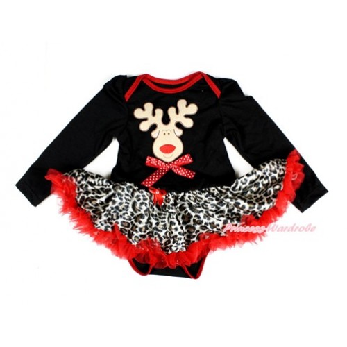 Xmas Black Long Sleeve Baby Bodysuit Jumpsuit Leopard Red Pettiskirt With Christmas Reindeer Print & Minnie Dots Bowr JS2350 