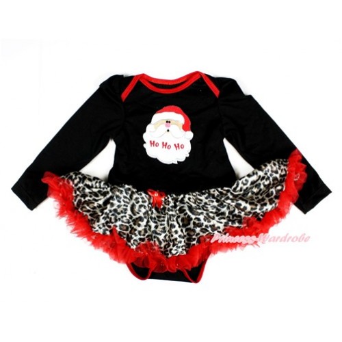 Xmas Black Long Sleeve Baby Bodysuit Jumpsuit Leopard Red Pettiskirt With Santa Claus Print JS2352 