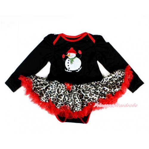 Xmas Black Long Sleeve Baby Bodysuit Jumpsuit Leopard Red Pettiskirt With Ice-Skating Snowman Print JS2353 