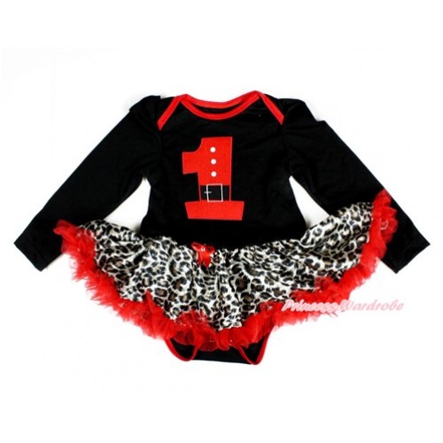 Xmas Black Long Sleeve Baby Bodysuit Jumpsuit Leopard Red Pettiskirt With 1st Santa Claus Birthday Number Print JS2354 