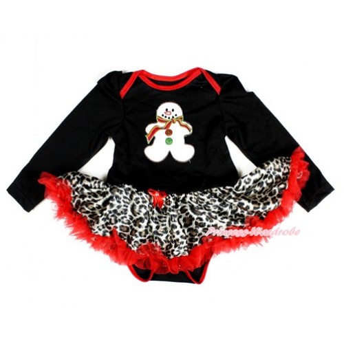 Xmas Black Long Sleeve Baby Bodysuit Jumpsuit Leopard Red Pettiskirt With Christmas Gingerbread Snowman Print JS2355 