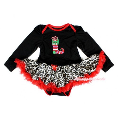 Xmas Black Long Sleeve Baby Bodysuit Jumpsuit Leopard Red Pettiskirt With Christmas Stocking Print JS2356 