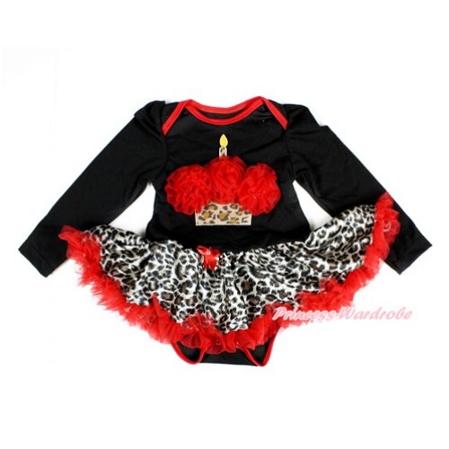 Black Long Sleeve Baby Bodysuit Jumpsuit Leopard Red Pettiskirt With Red Rosettes Leopard Birthday Cake Print JS2358 