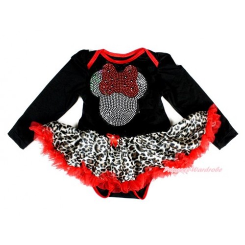 Black Long Sleeve Baby Bodysuit Jumpsuit Leopard Red Pettiskirt With Sparkle Crystal Bling Red Minnie Print JS2359 