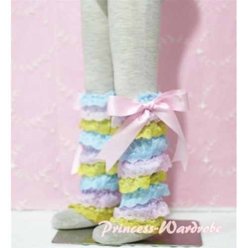 Baby Rainbow Light Blue Pink Yellow Lace Leg Warmers Leggings with Pink Ribbon LG58 