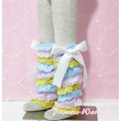 Baby Rainbow Light Blue Pink Yellow Lace Leg Warmers Leggings with White Ribbon LG59 