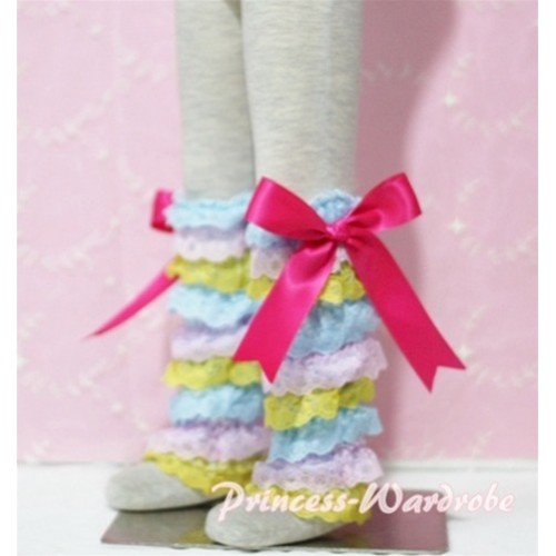 Baby Rainbow Light Blue Pink Yellow Lace Leg Warmers Leggings with Hot Pink Ribbon LG60 