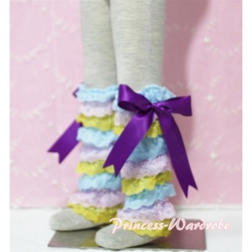 Baby Rainbow Light Blue Pink Yellow Lace Leg Warmers Leggings with Dark Purple Ribbon LG61 