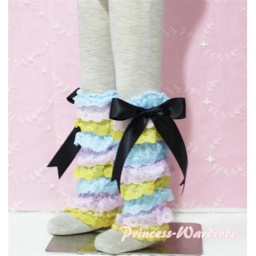 Baby Rainbow Light Blue Pink Yellow Lace Leg Warmers Leggings with Black Ribbon LG62 