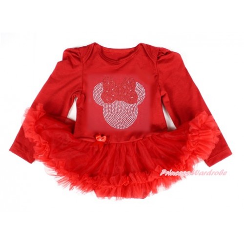 Red Long Sleeve Baby Bodysuit Jumpsuit Red Pettiskirt With Sparkle Crystal Bling Red Minnie Print JS2437 