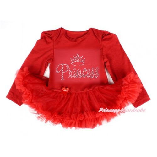 Red Long Sleeve Baby Bodysuit Jumpsuit Red Pettiskirt With Sparkle Crystal Bling Princess Print JS2438 