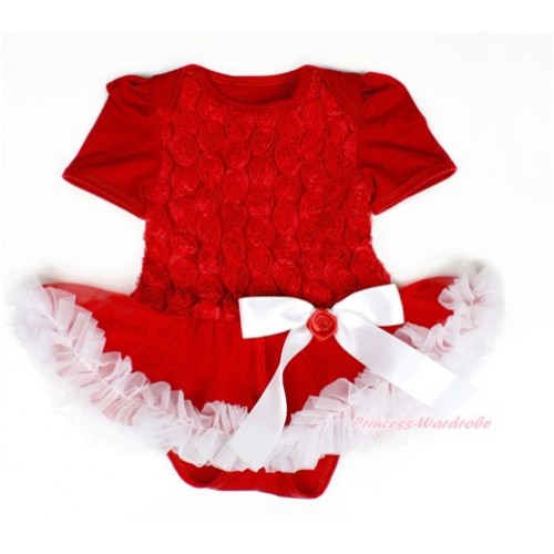 Valentine's Day Red Romanatic Rose Baby Bodysuit Jumpsuit Red White Pettiskirt & White Bow JS2443 