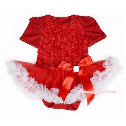 Valentine's Day Red Romanatic Rose Baby Bodysuit Jumpsuit Red White Pettiskirt & Red Bow JS2444 