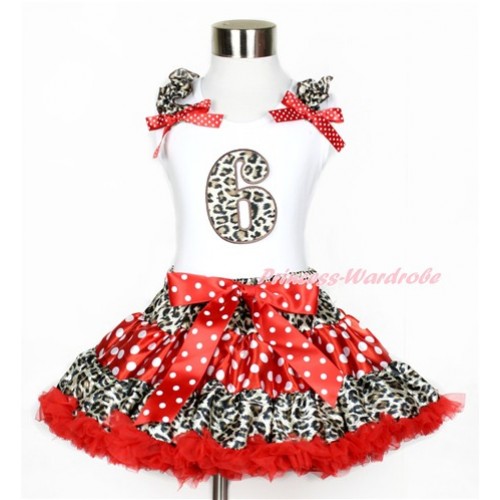 White Tank Top with 6th Leopard Birthday Number Print with Leopard Ruffles & Minnie Dots Bows With Leopard Minnie Dots Red Pettiskirt MG840 