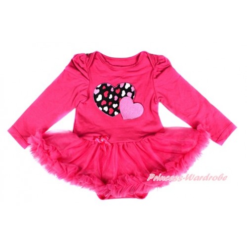 Valentine's Day Hot Pink Long Sleeve Baby Bodysuit Jumpsuit Hot Pink Pettiskirt With Hot Pink Sweet Twin Heart Print JS2459 