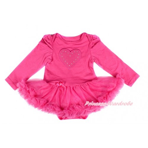 Hot Pink Long Sleeve Baby Bodysuit Jumpsuit Hot Pink Pettiskirt With Hot Pink Heart Print JS2460 