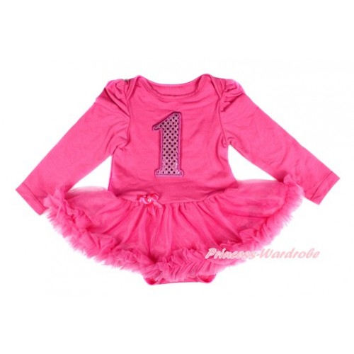 Hot Pink Long Sleeve Baby Bodysuit Jumpsuit Hot Pink Pettiskirt With 1st Sparkle Hot Pink Birthday Number Print JS2461 