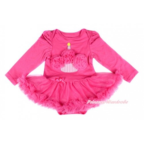 Hot Pink Long Sleeve Baby Bodysuit Jumpsuit Hot Pink Pettiskirt With Hot Pink Rosettes Birthday Cake Print JS2462 